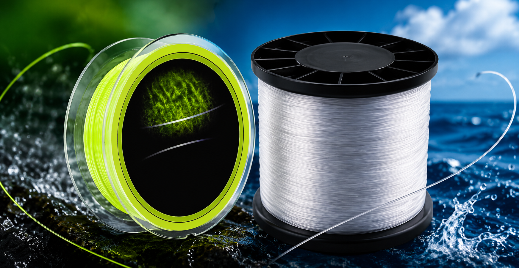 Carretéis de linha de pesca colorida e transparente